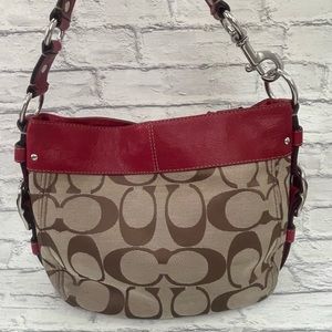 Coach Brown Cloth Purse with Red Leather Trim